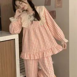 Plaid Sleepwear Women Pajama Sets Square Collar Piiama Lace Pants Sets 2 Pieces Long Sleeve Autumn Night Wears Korean Home Suit