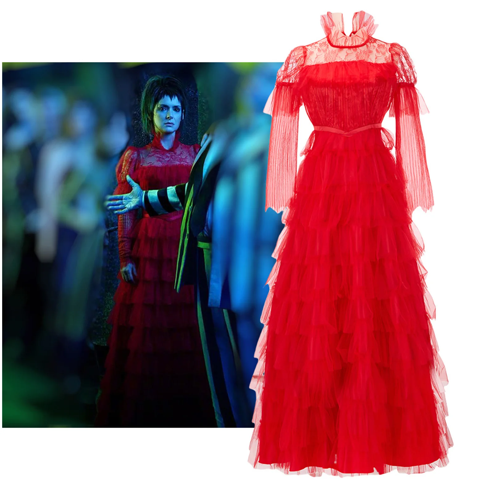 Noiva Lydia Deetz fantasia cosplay para mulheres, vestido de casamento vermelho medieval para meninas, carnaval de Halloween, roupas góticas, perucas