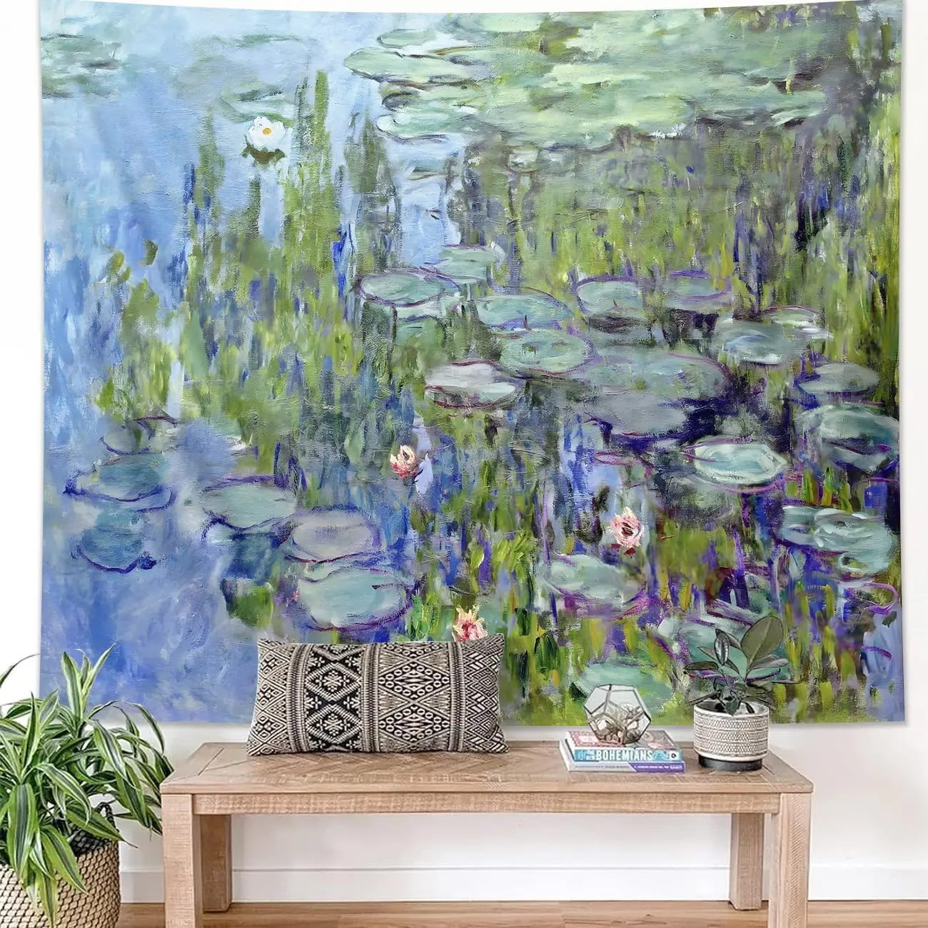 Boho Nature Pond Tapestry Wall Hanging Blue Water Lilies Floral Watercolor Polyester Home Decoration Art