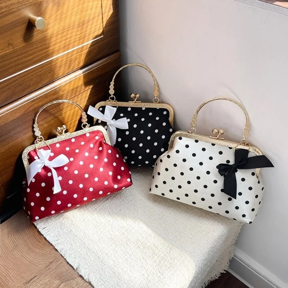 Polka Dot Pattern Kiss Lock Shoulder Bag Detachable Chain Bow Decor Clasp-top Handbag Elegant Metal Handle Evening Purse