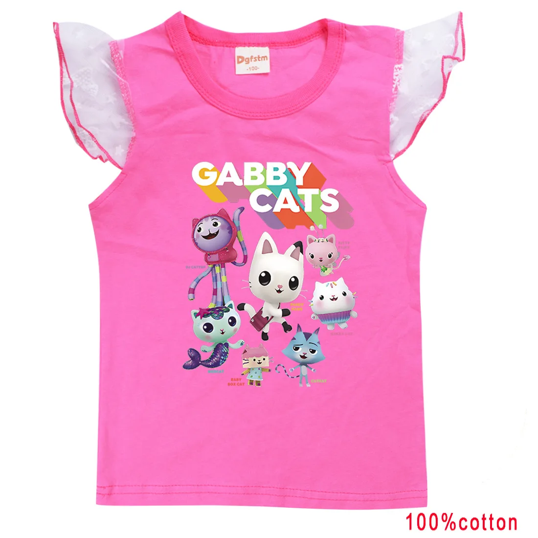 

Cartoon Gabbys Doolhouse Tshirts Kids Fly Sleeve Lace Short Sleeve Cotton Tops Children Gabby Cats T-Shirt Girls Summer Clothes