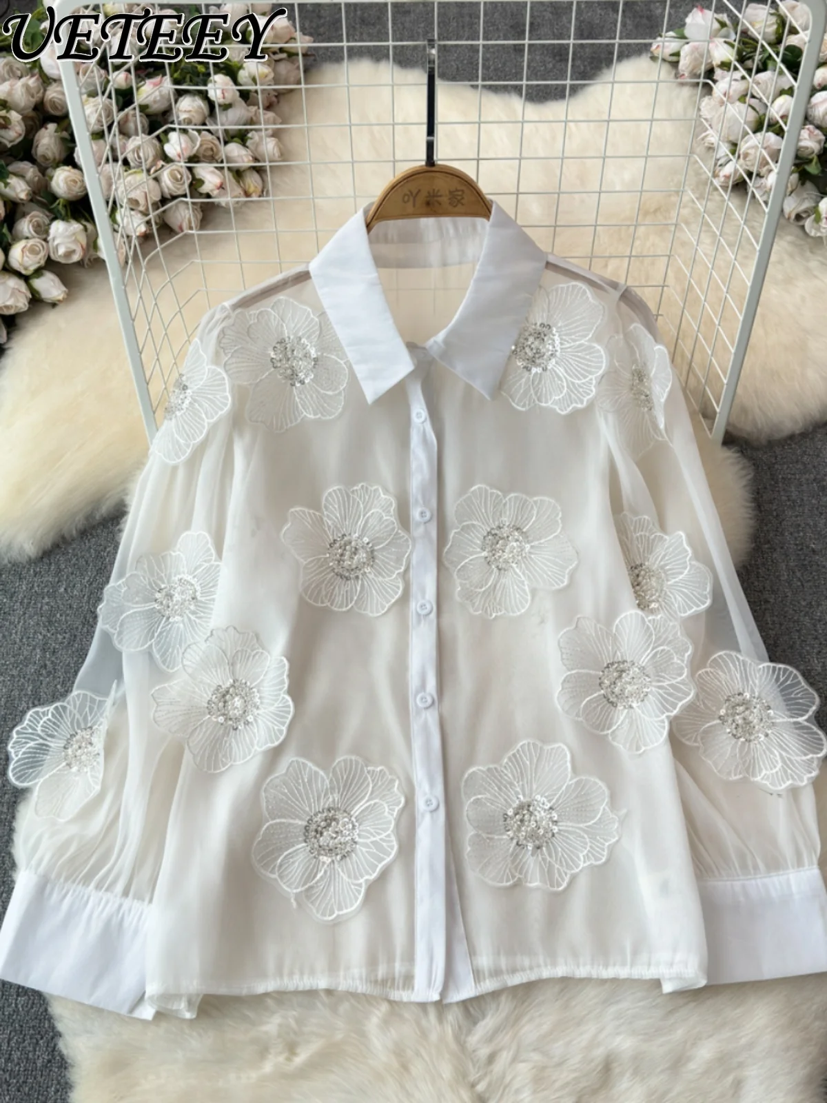 

Niche Beaded Three-Dimensional White Flowers Shirts Blouse Women 2024 Early Spring New Design Long Sleeve Button Shirt Top Lady