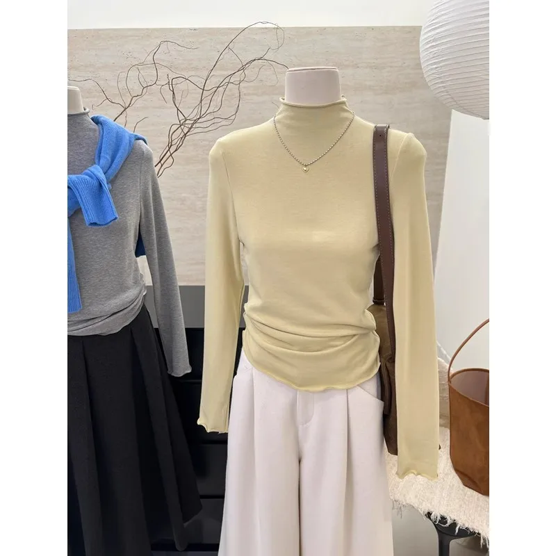 

Winter Warm Fleece Lined Color Long Sleeve Half High Collar Slimming Base Layer Shirt Korean Style Commute Fashion