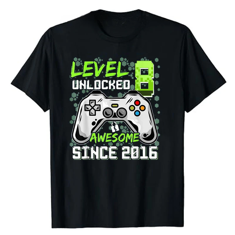 Gift Video Game Lover Graphic Outfit Life Style Gamer Tee Shirts Level 8 Unlocked Awesome Since 2016 8th Birthday Gaming T-Shirt