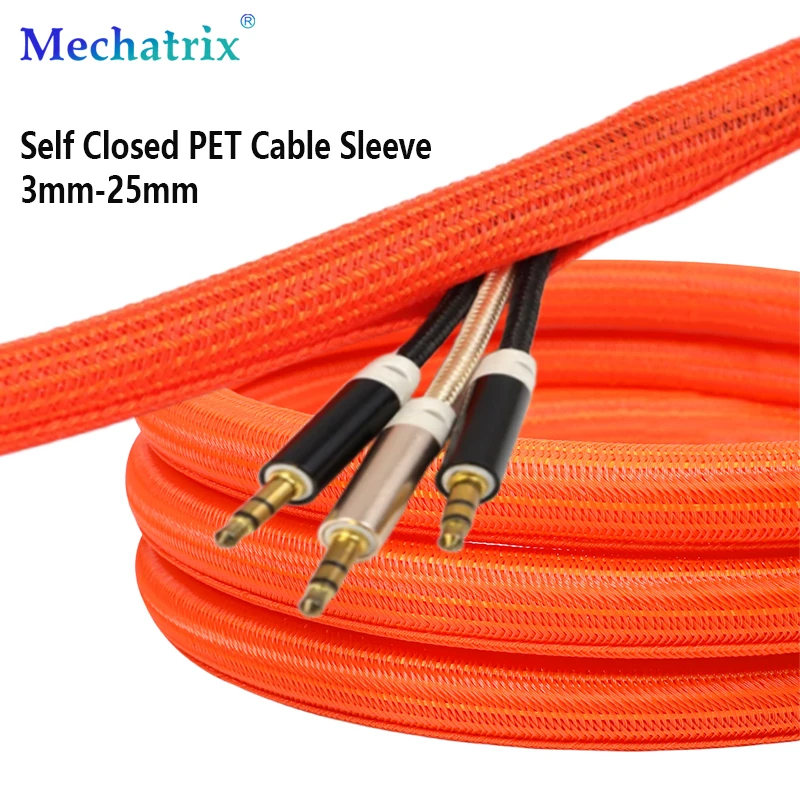 1-50M Orange Self Closed Cable Sleeve 3mm-32mm PET Braided Auto Line Management Overlaps Loom Split Pipe Tube Wire Protect Wrap