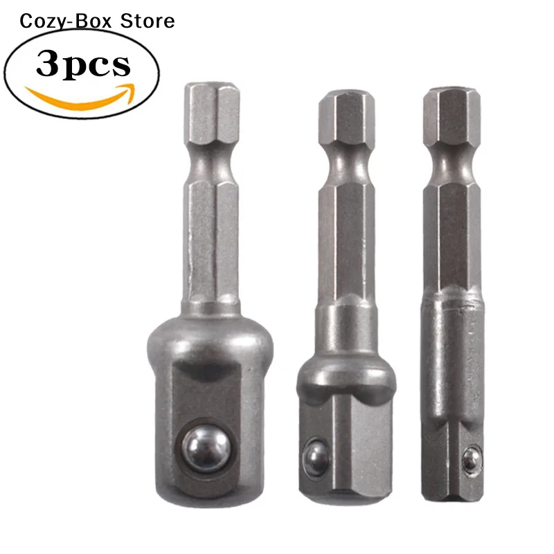 3 Peças Adaptador de Soquete para Furadeira de Impacto, Extensor de Brocas, Adaptador de Soquete com Haste Hexagonal e Cabeça Quadrada, Tamanhos 1/4, 3/8, 1/2