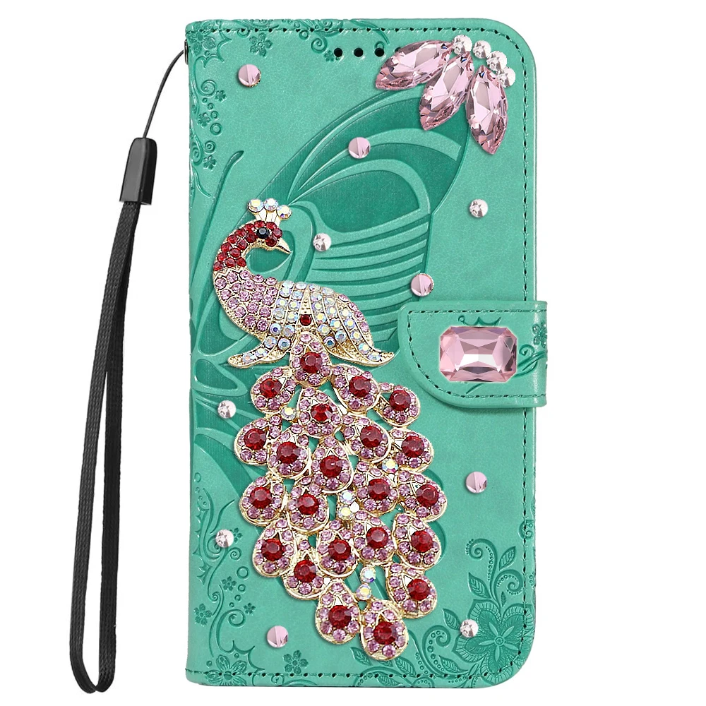 Peacock Diamond Leather Phone Case Bag for iPhone 16 15 14 13 12 11 Pro Max Plus Flip Wallet Coque Butterfly Lanyard Cover