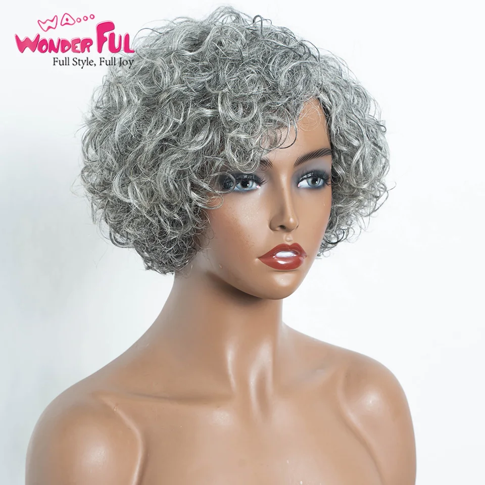 Silver Woderful  Brazilian Jerry Curl Short Grey Wavy Bob Wigs Nature Remy 100% Human Hair Machine Made Wigs For Black Women