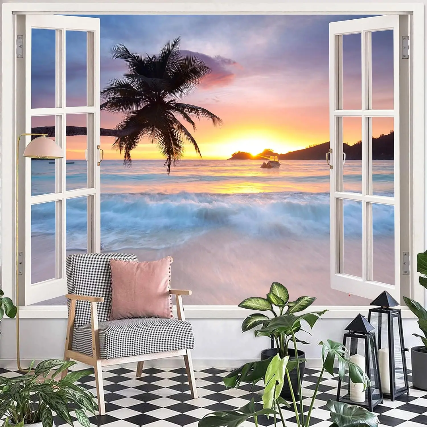 

Beach Landscape Tapestry, Tropic Ocean Sea Island Palm Tree Seaside Tapestries for Living Room Summer Window Wall Hanging Yellow
