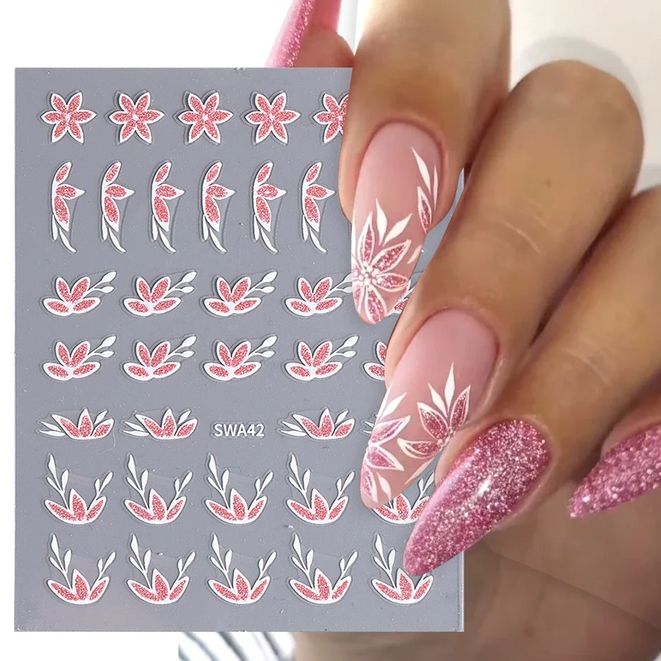 Sparkle Glitter Flower Leaves Slider For Nail Simple Five Petal Floral Reflective Powder Decal Classy DIY Charm Manicure Sticker