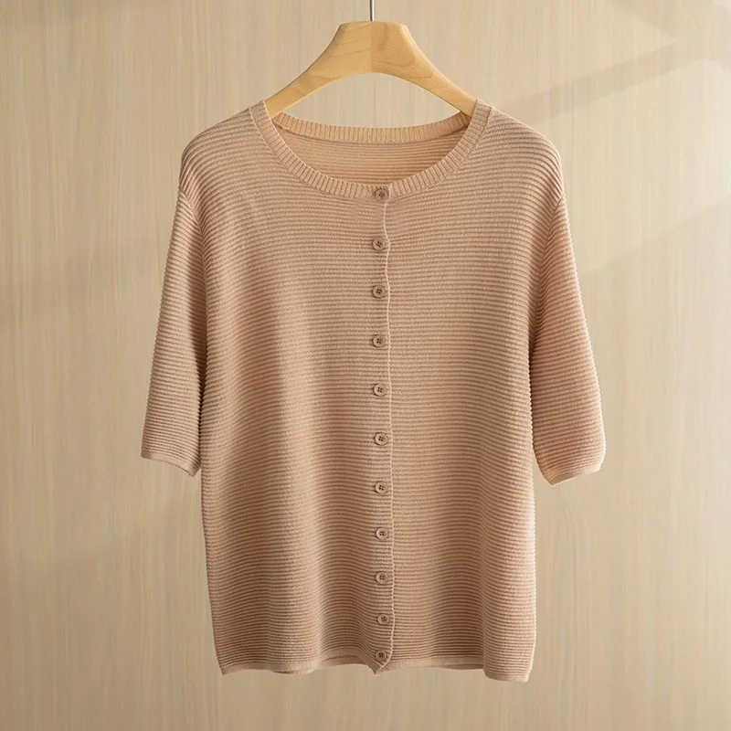 

Women New 100% Merino Wool Sweater O-neck Half Sleeve Cardigan Spring Autumn Stripes Knitwear Bottoming Clothing Tops