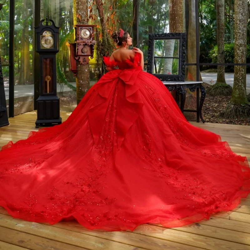 Red Glitter Quinceanera Dresses Off Shoulder Ball Gown Sweet 16 Dress Applique Flower Beading Bow Tull Party Birthday Vestidos