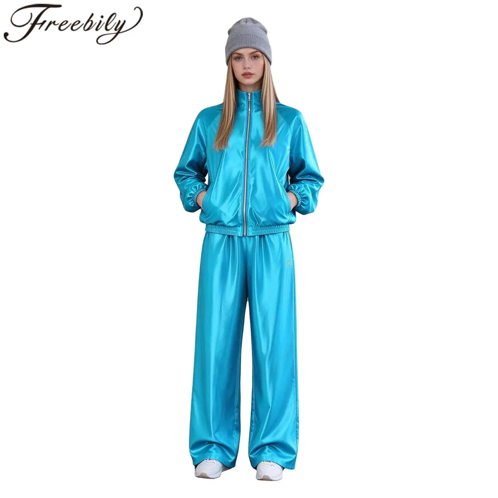 Women Pants Sets Hip Hop Clothes Fashion Street Dance Outfits Streetwear Satin Stand Collar Sweatshirt Jacket Wide Leg Trousers