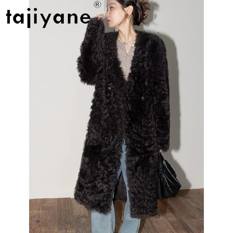 TAJIYANE Natural Tuscan Sheep Shearling Real Fur Coat Woman V-neck Winter Coats Curly Fur Jacket Long Fourrure Overcoat 101cm