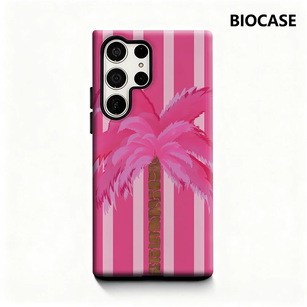 Tropische rosa Palmen-Handyhülle für Samsung Galaxy S25 Ultra S24 S23 Ultra Plus, glänzende doppellagige Rückseite
