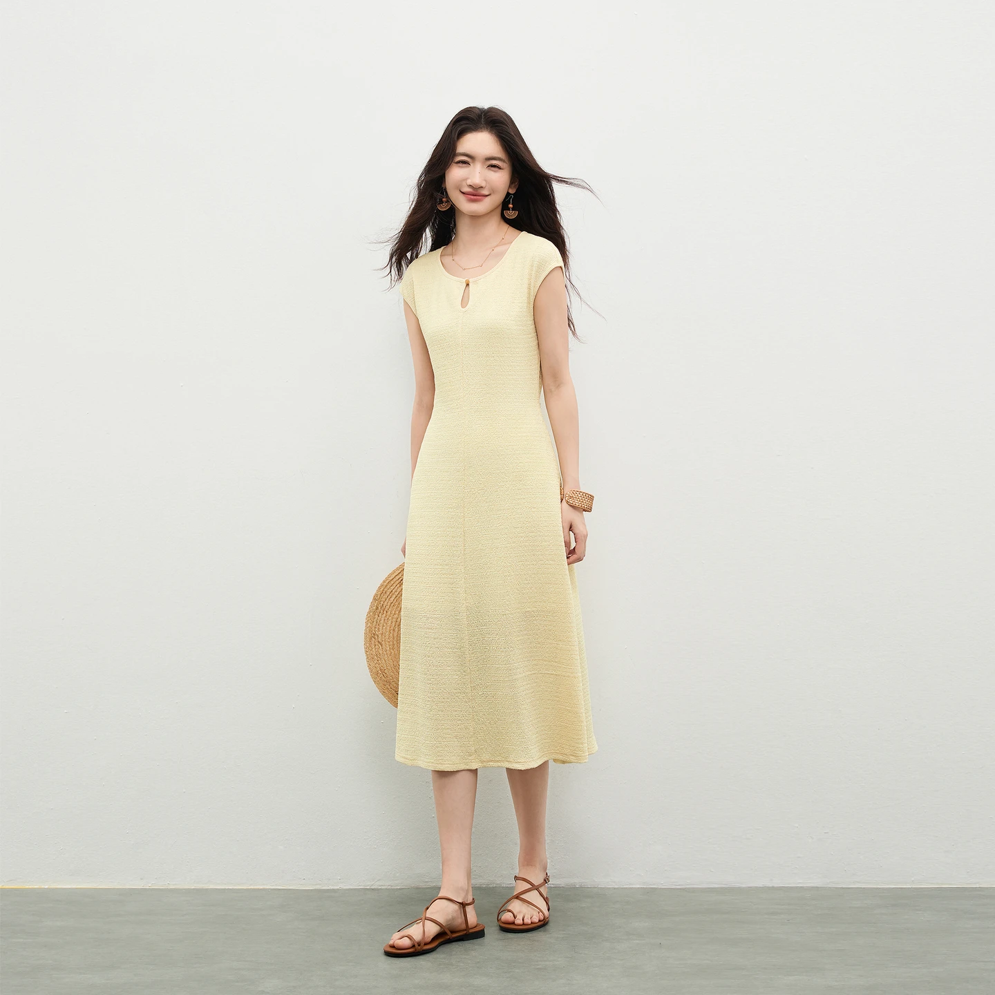 

SENTUBILA Women's Office Knit Dress 2026 Summer Elegant Cut Out Round Neck Tie Waist Pleated Textured A Line Dress 162LI4977