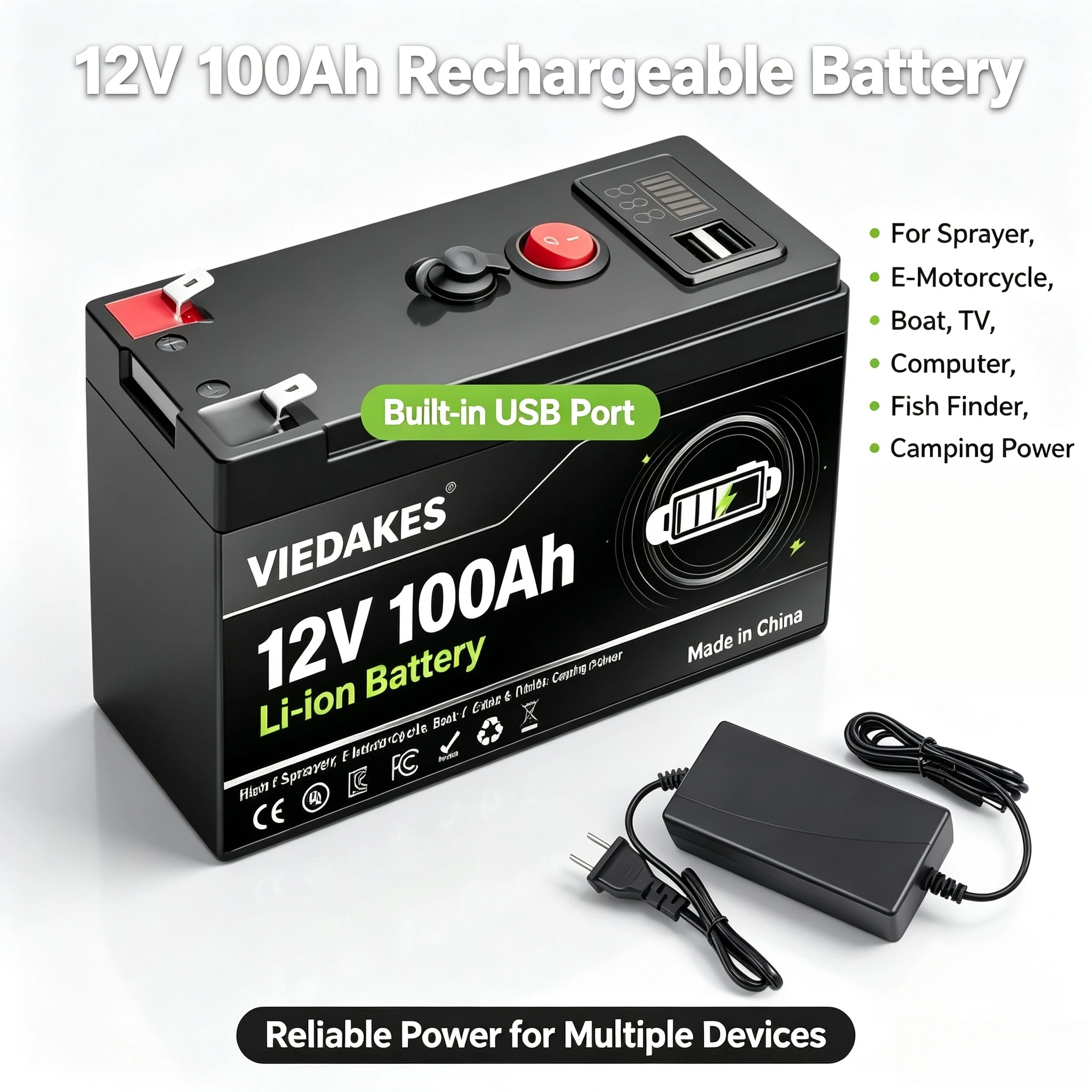 3S7P 12V Battery 100Ah Lithium Battery Pack+USB Port for Camping, E-Motorcycles, LED, Boats, Fish Detectors, Golf Carts