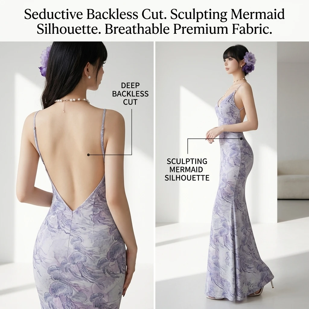 Maxi Dress Purple Backless Slim Fit Fishtail Mermaid Spaghetti Strap Sexy Bodycon Vacation Dress