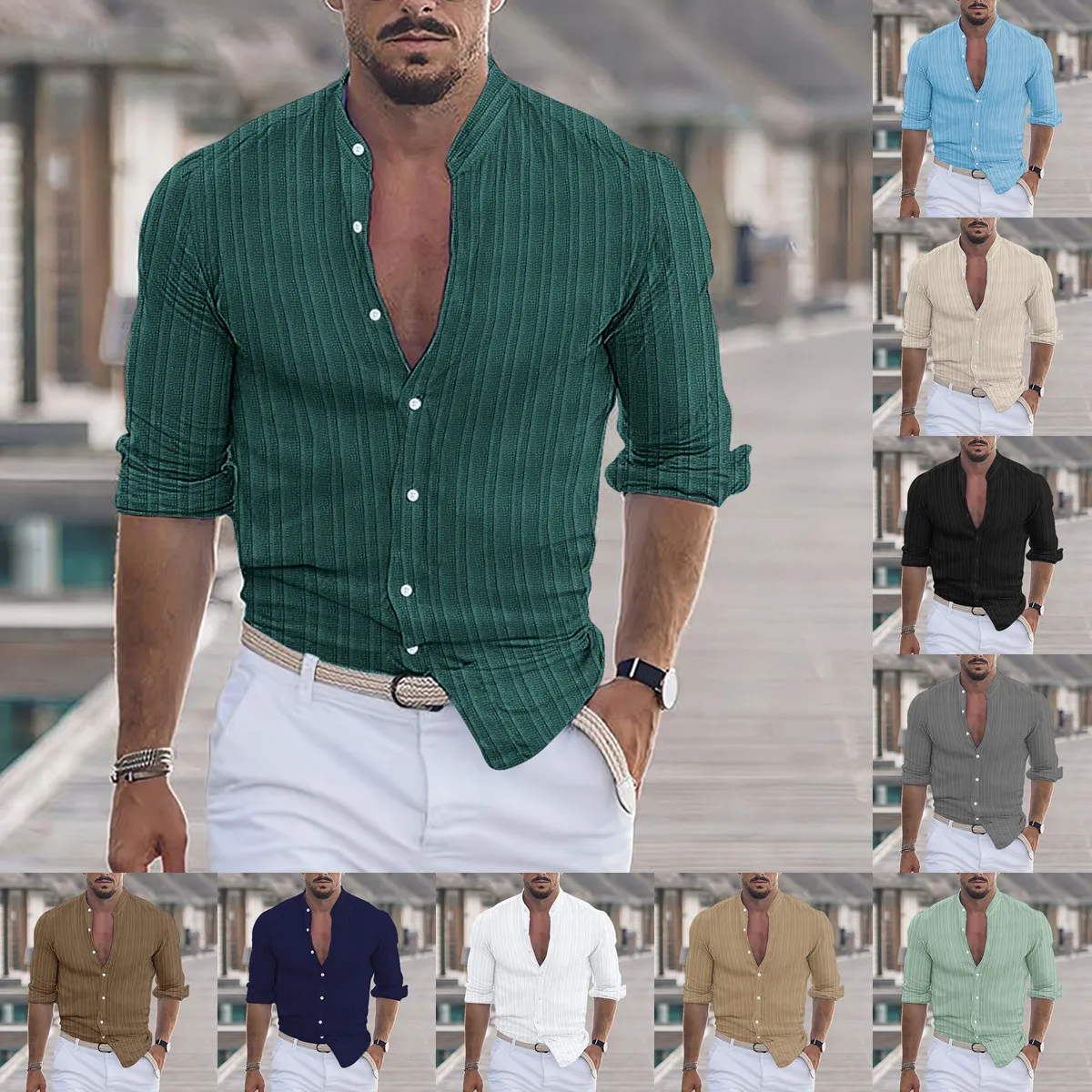 

Свободный крой, мужской Long Sve irt, хлопок, лен, полосатый узор, повседневный, многоцветный, независимая станция