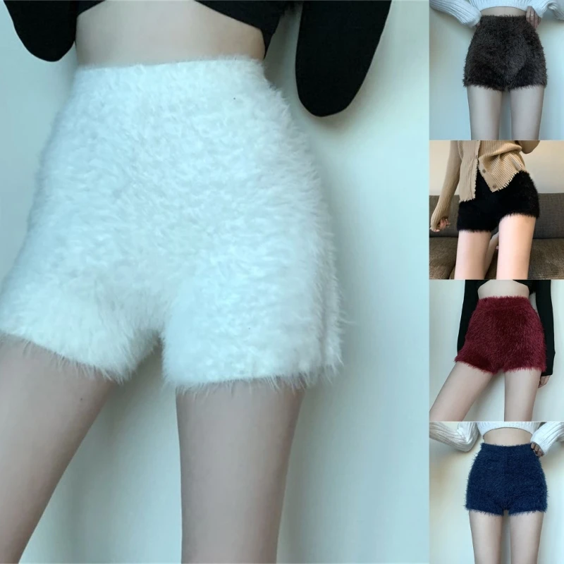 Women's Knit Plush Shorts and Trendy Solid Color High Waist Shorts Suitable for Everyday Outfits P8DB