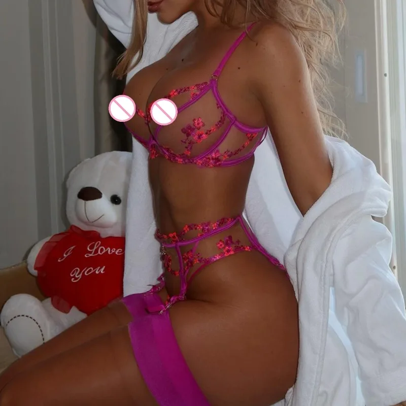Sexy Embroidered Flower Lingerie Sets with Garter Belts 3-Pieces Sets Exotic Underwear Thin See Through Mesh Lace Bra and Panty
