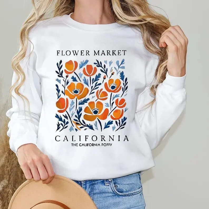 

Retro Vintage Sweatshirt Aesthetic Graphic Hoodies Y2K Tops Casual Daily Wear Unisex Pullover California Poppy Floral Print