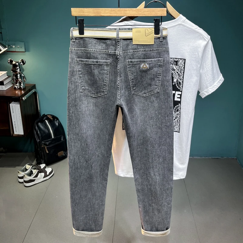 2024 Spring and Summer Thin Jeans Men's Street Fashion Slim Fit Elastic Trend Versatile Youth Cropped Pants
