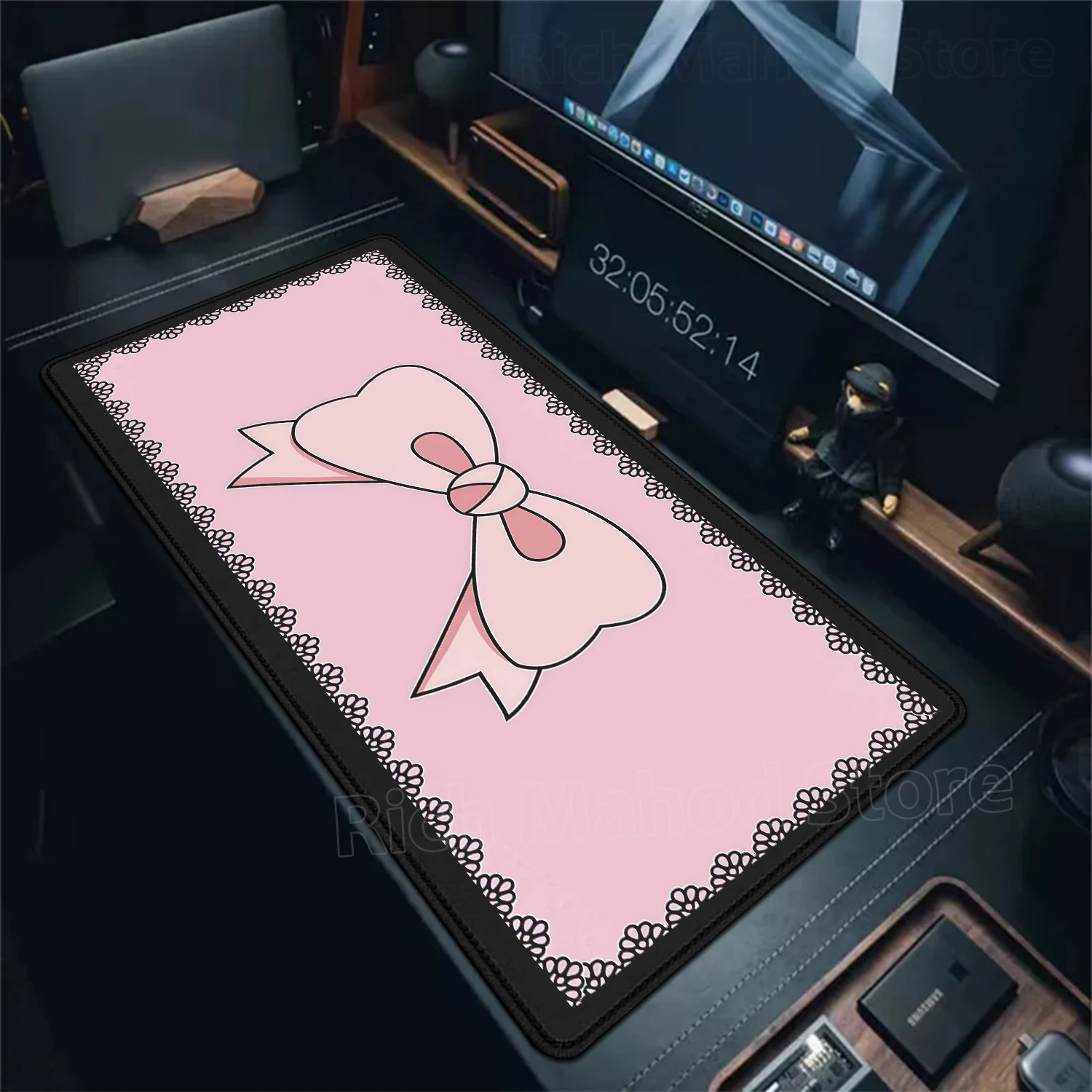 

Cute Black Pink Bow Mouse Pad Large Keyboard Desk Pad 900x400mm Playmat Non-slip Rubber Base Desk Mat Office Home Decor Carpet