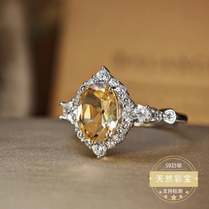925 Sterling Silver  Ring for Women Girl Adjustable Size Elgent Silver Gorgous Natural Citrine Gmestone Genuine Jewelry Gift