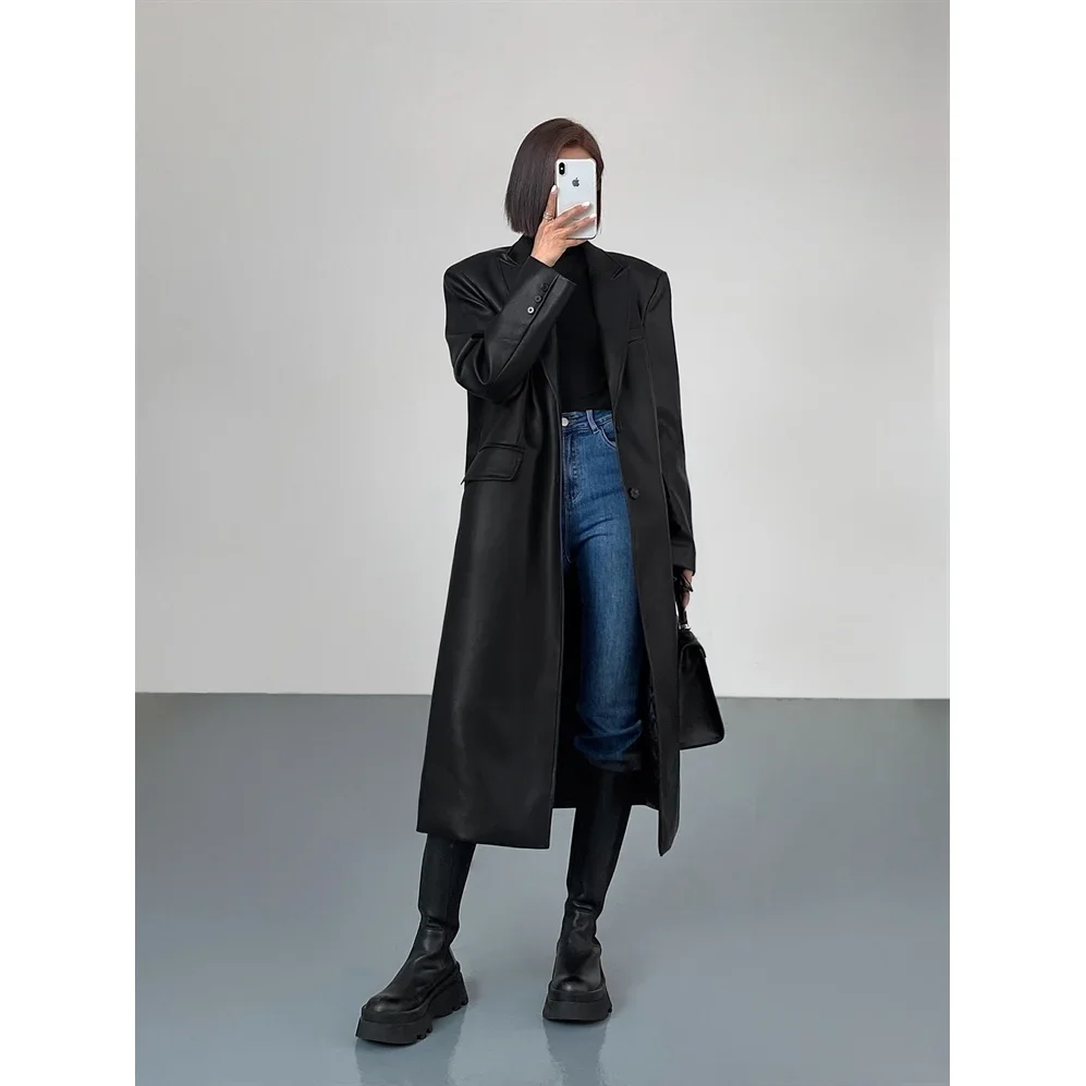 Women Leather Long Jacket Trench Oversized Faux Leather Blazer Button Down Lapel Coat with Pockets Down Shirts/Coats Work Office