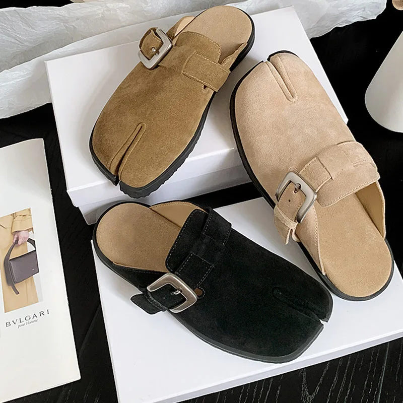 New UnisexGenuine Leather Muller Shoes Flats Women Cow Leather Casual Shoes Women Loafers Split Toe Pig Feet Half Dragged Shoes