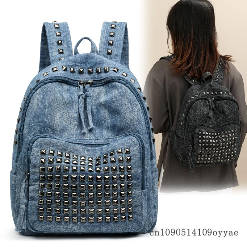 

Fashion Rivet Soft Denim Women Backpacks 2026 Designer Large Capacity Girls School Bag Luxury Female Bagpack Travel Bags