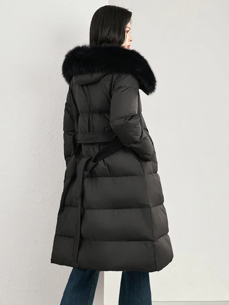 Hooded Long Down Jacket for Women, Warm Winter Coat, Fox Fur Collar, White Duck Down, Thicker with Belt, Lady Jackets