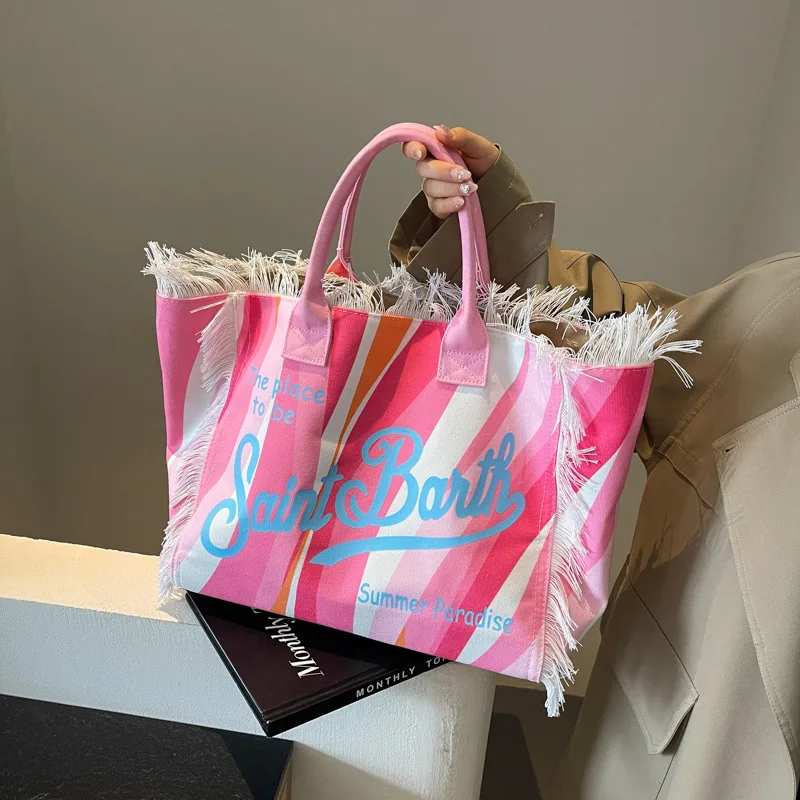 Basic Style Tassel Canvas Women's Shoulder Bags Interior Pocket 2024 New Fashion Large Capacity Pattern High Quality Handbags image 3