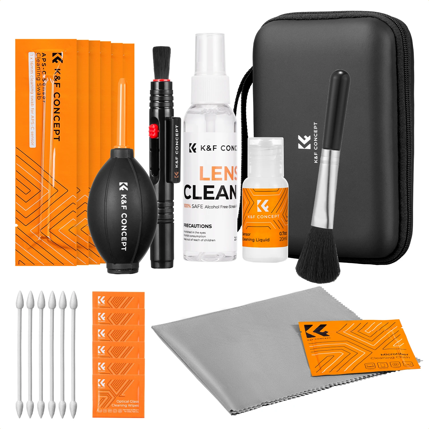 K&F Concept Kit de Limpeza 25 em 1 com Bolsa de Armazenamento, Caneta de Limpeza com Sopro de Ar, Líquido de Limpeza, Cotonete e Pano de Limpeza para Lentes de Câmera e Celular