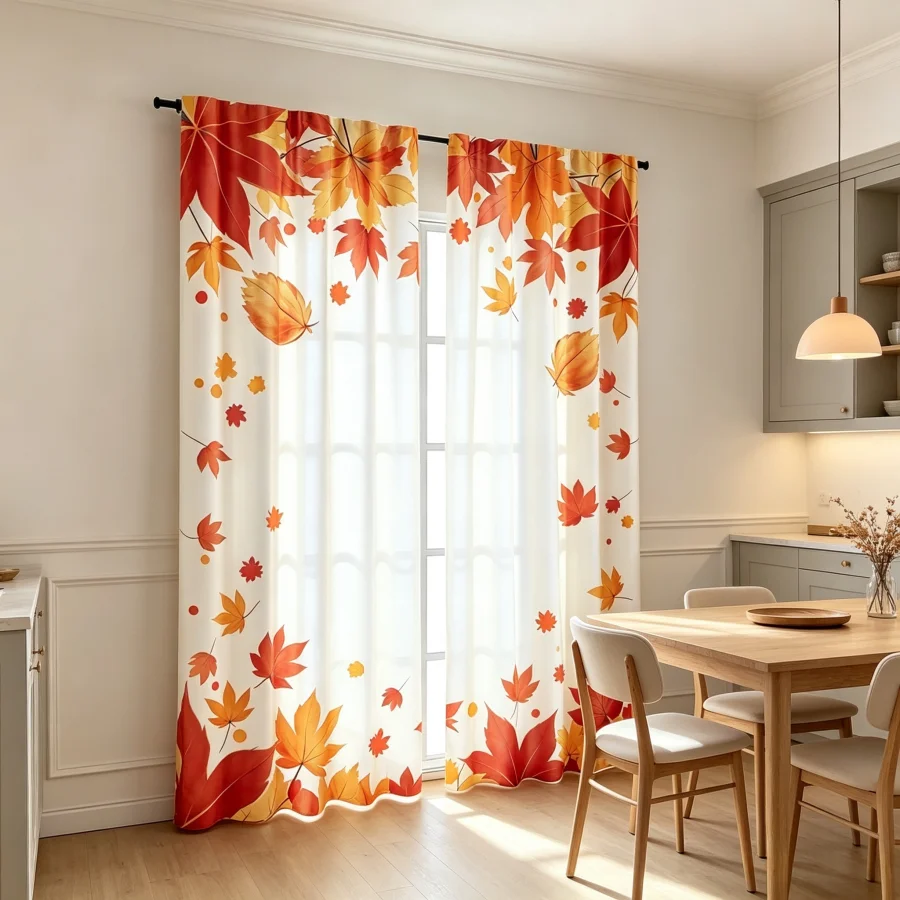 2PCS Digital Print Curtain, Drifting Scattered Maple Leaves, Autumn Breeze Dynamic Nature Style for Living Room Bedroom Decor
