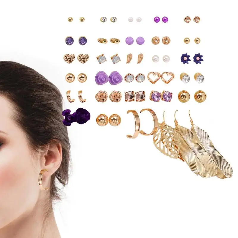 Elegant Earrings Set Aesthetic Earrings Assorted Earrings Set 30 Pairs Cute Clip-on Earrings Multi-color Alloy Stud Earrings For