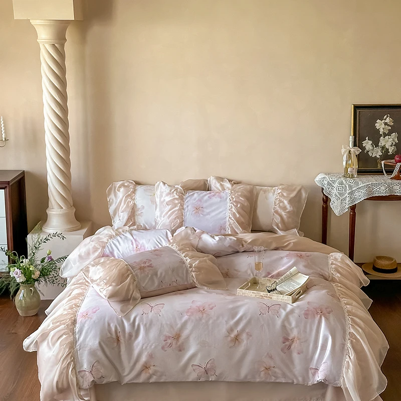 Organza Pleated Lace Edge Floral Butterfly Prints Princess Bedding Set 1000TC Egyptian Cotton Duvet Cover Bed Sheet Pillowcases