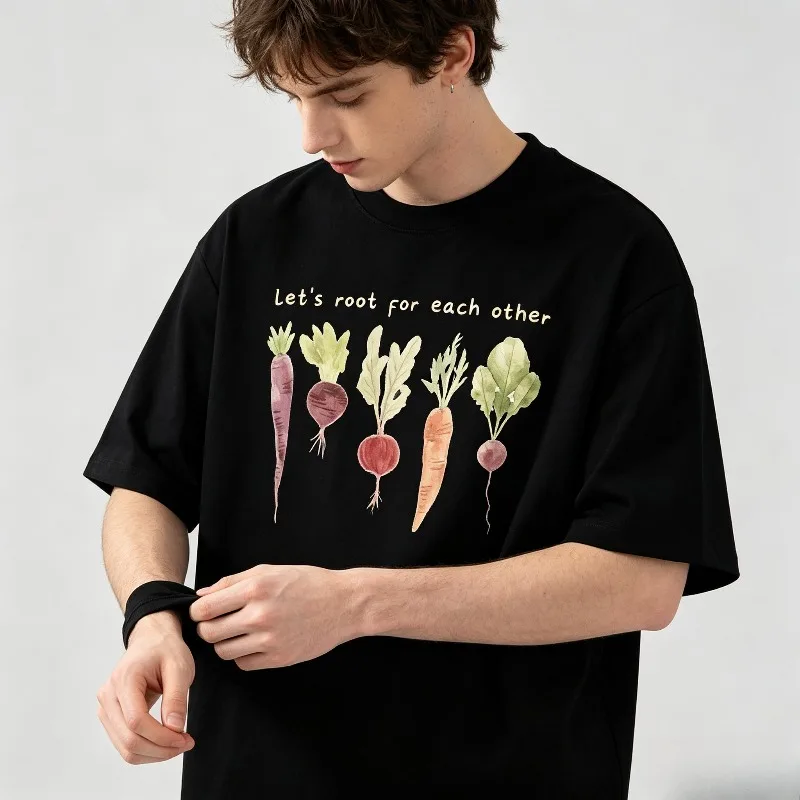 Unisex Casual Short Sleeve Tee let's root for each other Veggie Watercolor Print Soft  Daily Summer Loose Fashion Tshirt