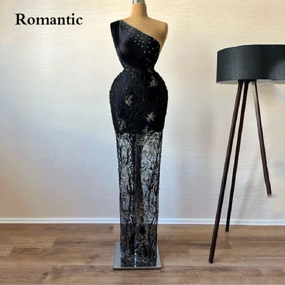 

Romantic Black Satin A Line Evening Dress Lace Up One Shoulder With Pearls Elegant Prom Gowns For Women Vestido de festa 2022