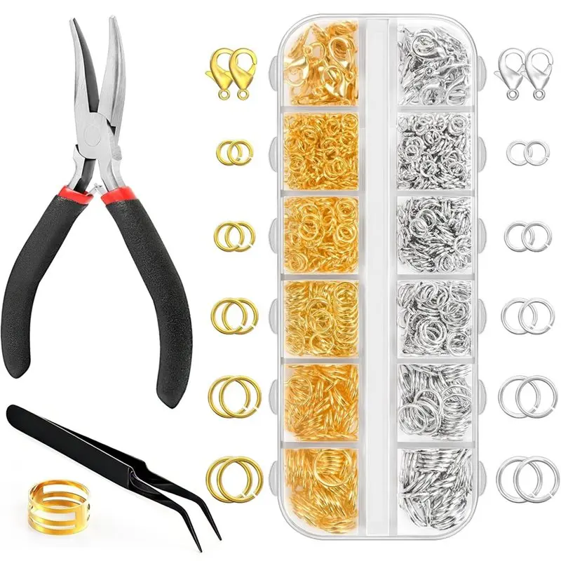 ABLK 1200 Pcs Jump Rings Jewelry Making Supplies Keychain Accessories With Pliers, Tweezers With Clasps