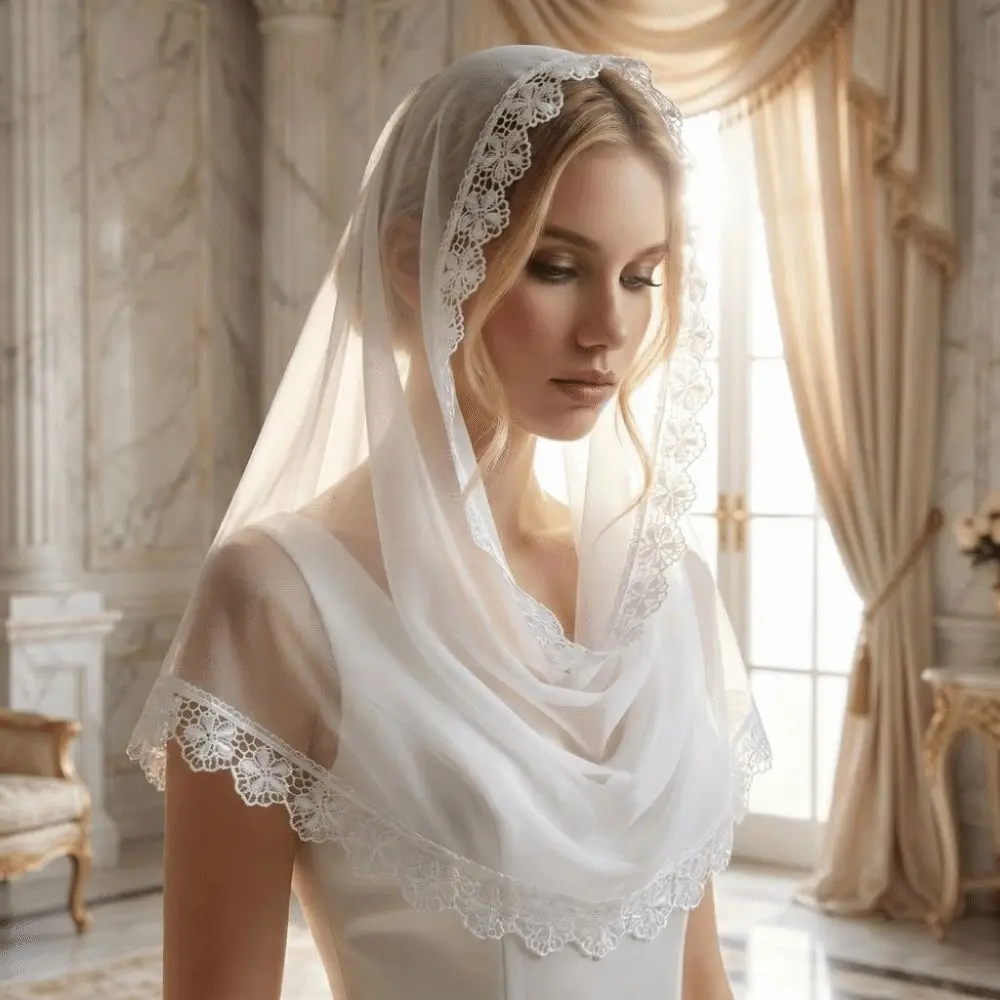 Vintage Solid Color Bridal Headscarf Lace Trim Sunproof Wedding Hijab Elegant Sheer Church Lace Trim Veil Church Ceremony