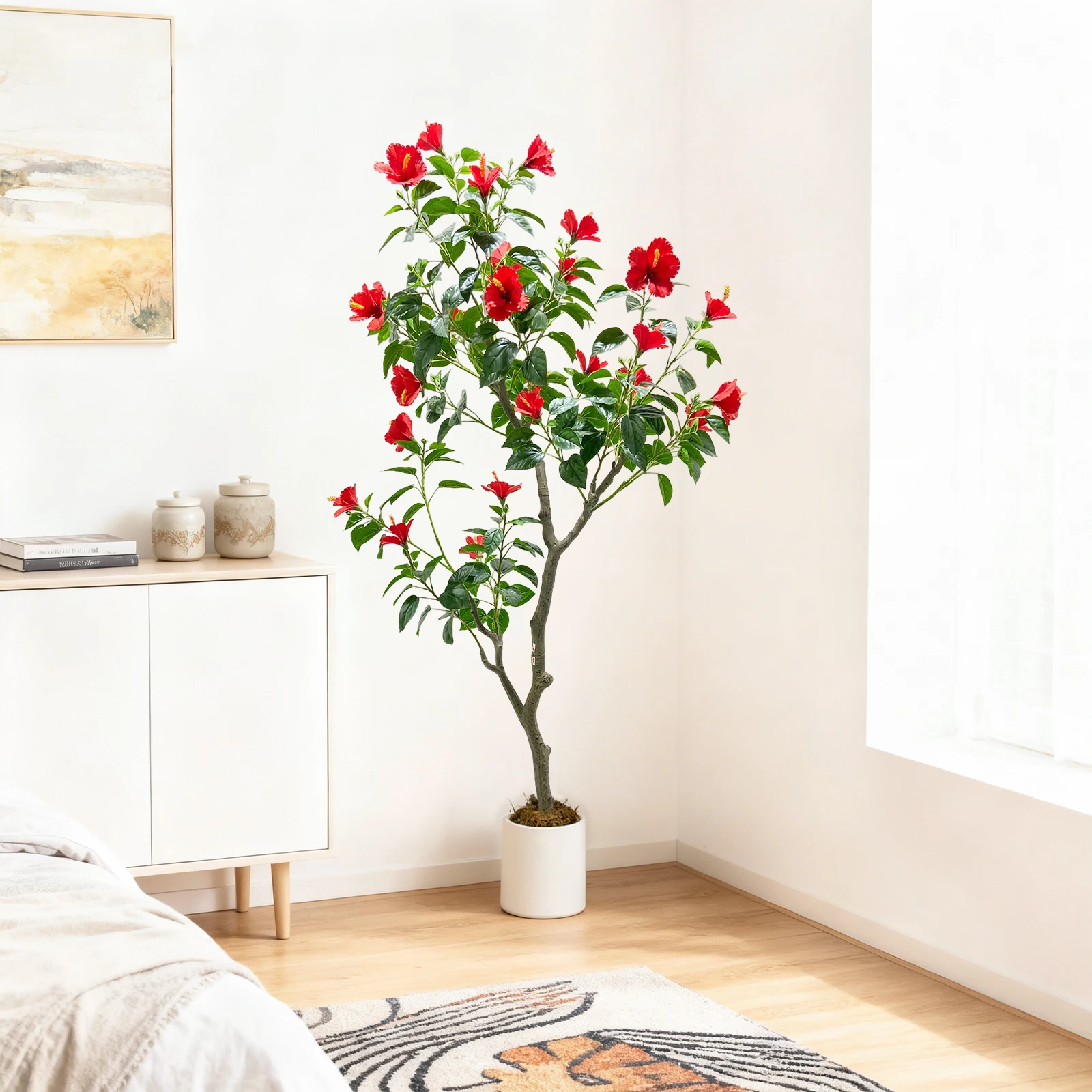 

Artificial Hibiscuses Tree 4FT/5FT Tall Faux Plant Indoor Decor Blooming Tree in Planter for Home Living Room Office Porch Patio