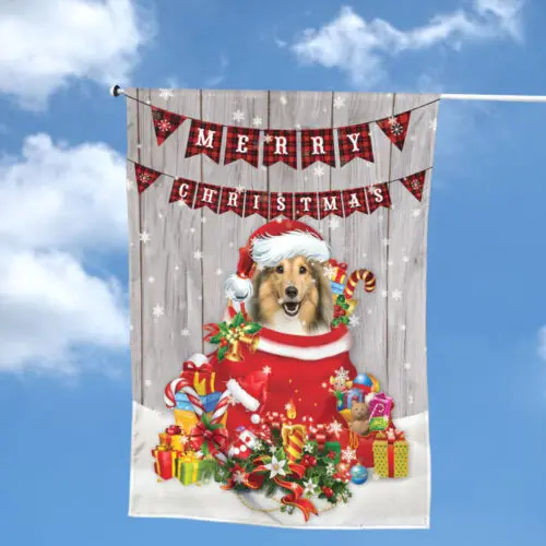 Shetland Sheepdog Merry Christmas Flag, Sheltie Dog Santa Claus Xmas Flag