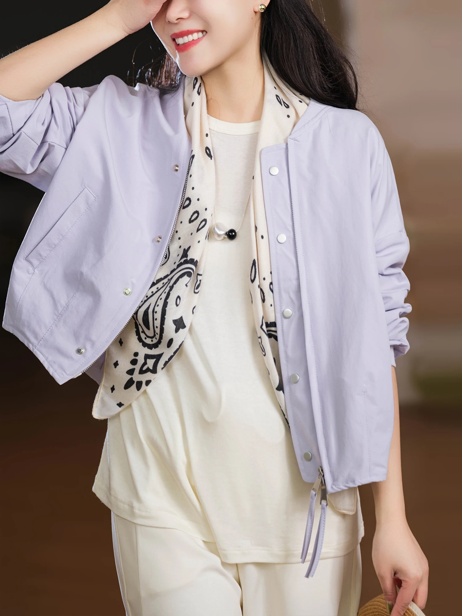 

Double Zipper Baseball Jacket Dyed Smooth Tone Door Double Zipper Outerwear Polyester Fiber Loose Fit Long Sleeve Stand Collar
