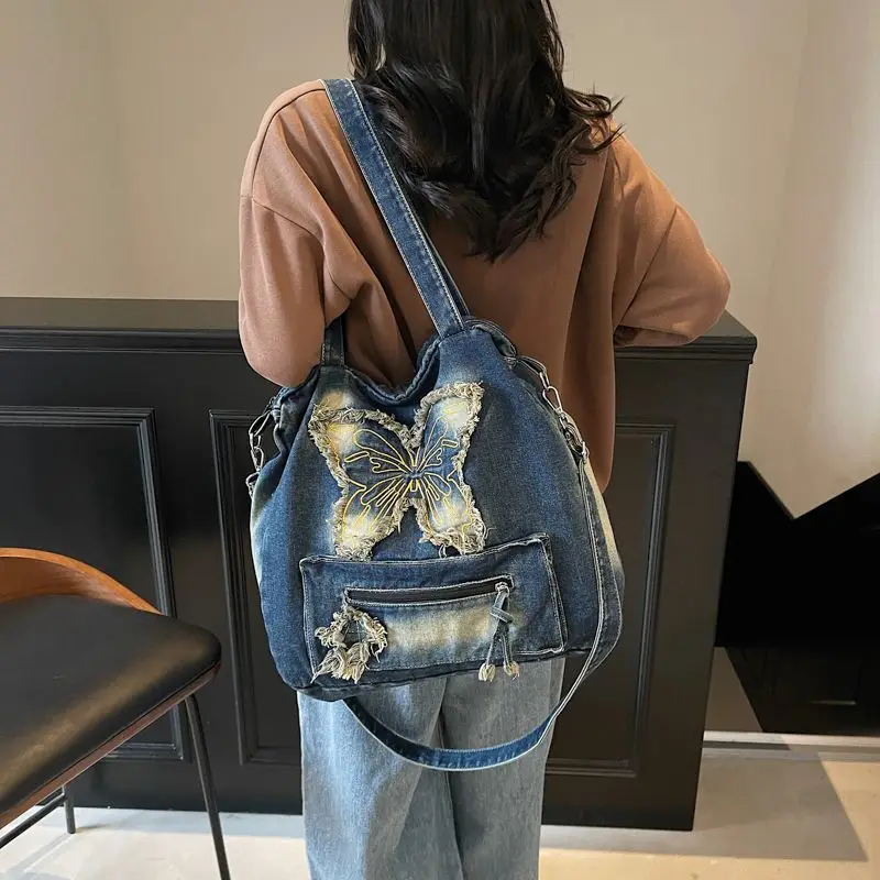 

Джинсовая сумка через плечо в стиле ретро, ленивый ветер, французская пригородная сумка-тоут, джинсовая сумка, изысканная простая сумка для отдыха, большая вместимость