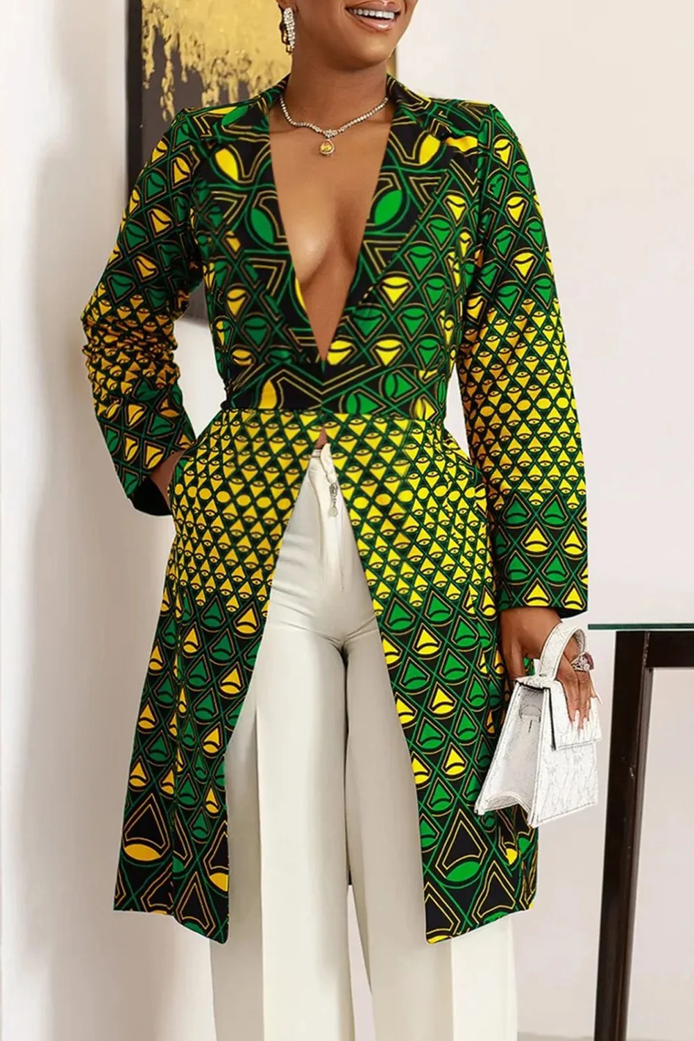 

Plus Size Business Casual Green African Ankara V Neck Long Sleeve Split Blouses