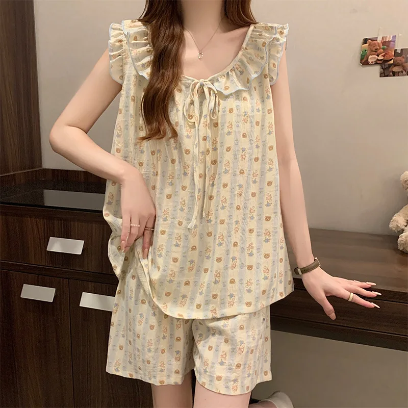 Pijamas de pantalones cortos para mujeres, conjunto de chaleco de verano para niñas, algodón de nube con almohadilla para el pecho, ropa de dormir dulce, ropa de casa