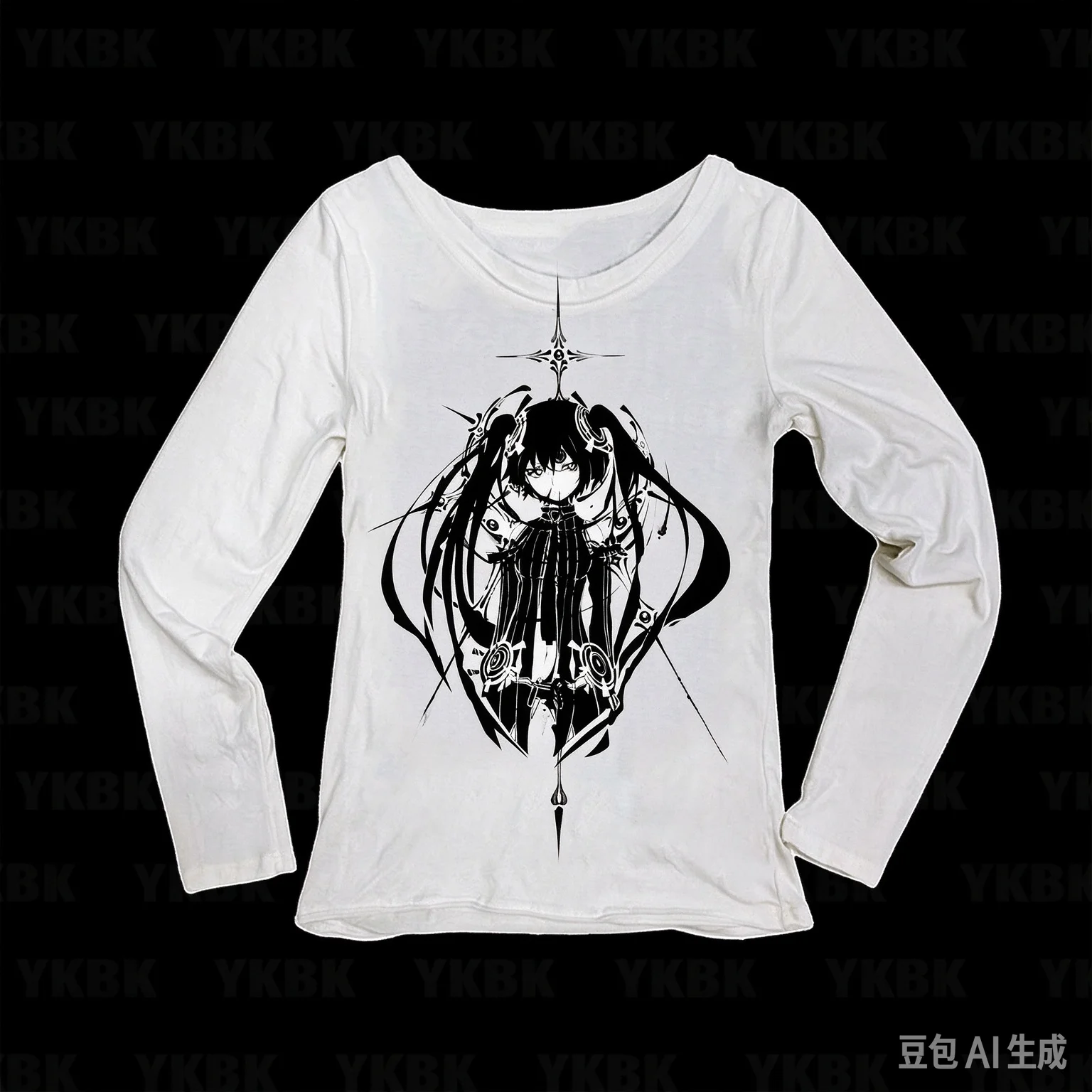 Dark Gothic Twin Tail Anime Girl Mechanical Graphic Print Women Long Sleeve T‑Shirt Slim Fit Harajuku Ladies Tops