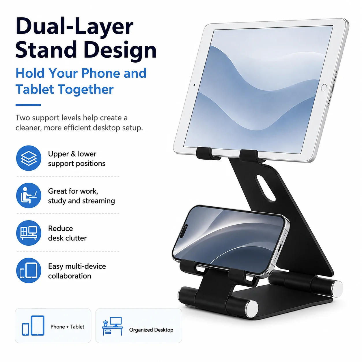 Aluminum Dual Layer Phone Tablet Stand, Foldable Adjustable Desktop Holder for Smartphone & iPad view 4